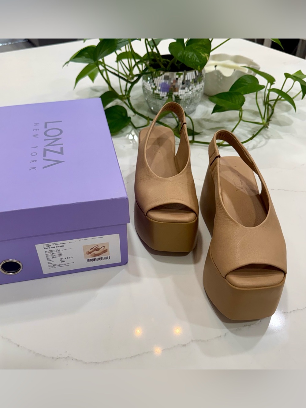LONZA Ariadna Tan Platform Slingback Peep-Toe Wedges, size 6 - Picture 10 of 15
